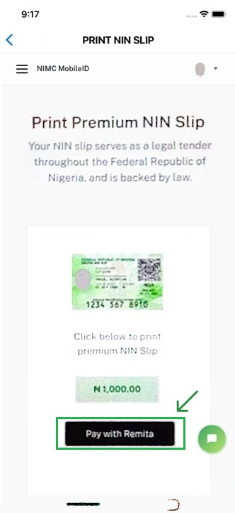 Pay With Remita button for Printing Premium NIN Slip